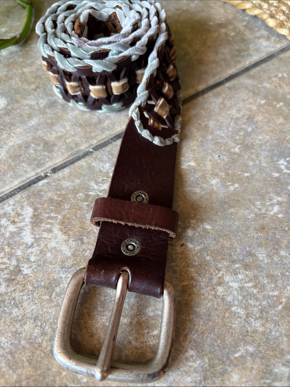 Lucky Brand Braided Brown Leather Belt with Cream and Tan Accents